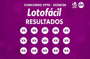Imagem do concurso 3776 da Lotofácil com layout de resultados e chamada “CONCURSO 3776 - 31/08/26”, fundo roxo. Lotofácil 3776 sorteia R$ 2 milhões nesta segunda.