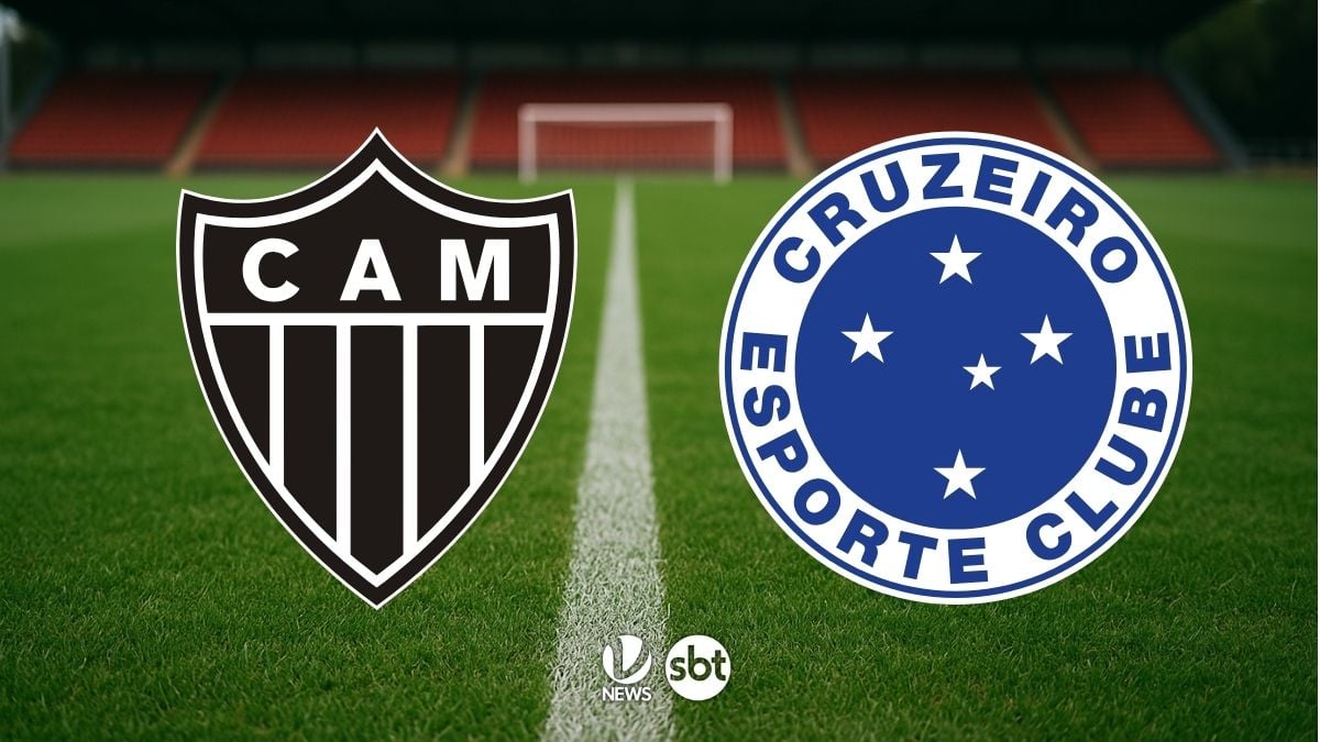 Imagem de divulgação do confronto Atlético-MG x Cruzeiro em campo de futebol, com os escudos das equipes Atlético-MG e Cruzeiro