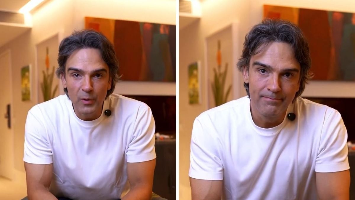 Tadeu Schmidt faz desabafo sobre vício em celular em foto para Instagram, falando com expressão séria em ambiente interno. Reprodução Instagram @tadeuschmidt.