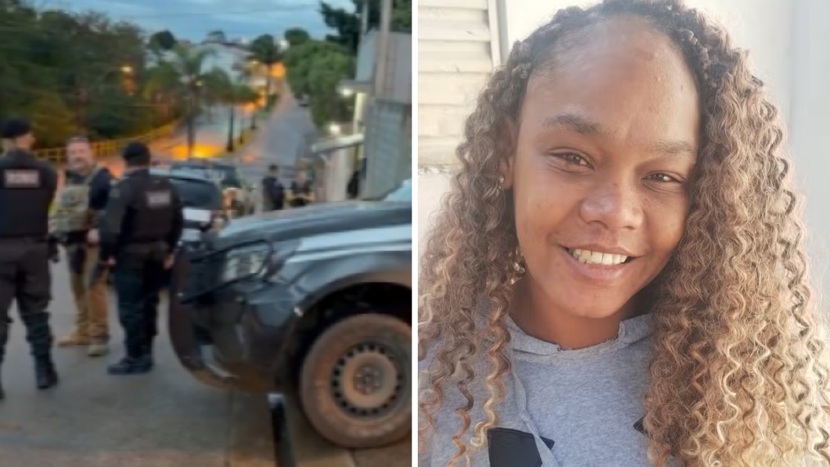 Homem suspeito de feminicídio em Canavial: montagem com equipe policial diante de viatura e uma foto de uma mulher sorridente, usada em contexto de investigação após corpo ser encontrado em canavial.