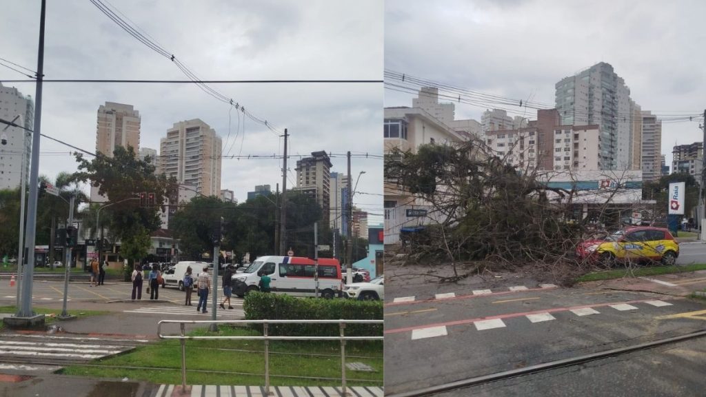 Colagem de duas imagens de avenida urbana com carros e ônibus ao fundo, prédios altos e fiação elétrica no céu nublado; à direita, há galhos e árvores caídas na calçada e no canteiro central.