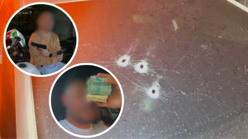 twe troca de tiros com a PM em Campinas: dois homens armados aparecem em círculos sobre imagem de rua com marcas de disparo e apoio policial vermelho