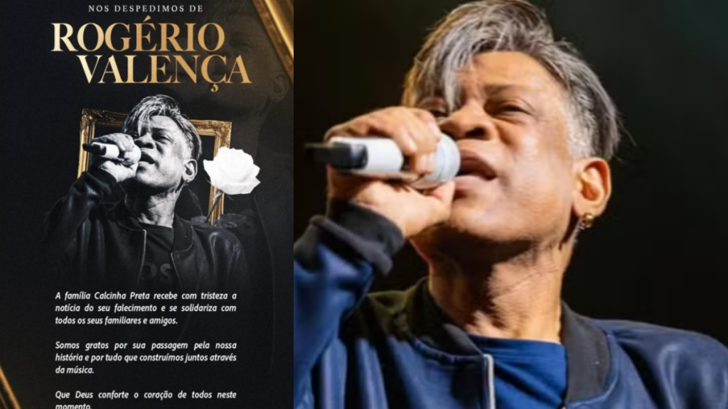 Imagem em homenagem a Rogério Valença, com texto de despedida ao lado de um cantor em close tocando e cantando ao microfone em um palco, com expressão emotiva.