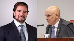 Vorcaro aparece em foto ao lado de Alexandre de Moraes, em imagem dividida: à esquerda um homem de terno sorrindo e à direita Moraes em um plenário, durante conversa sobre saída do Brasil.