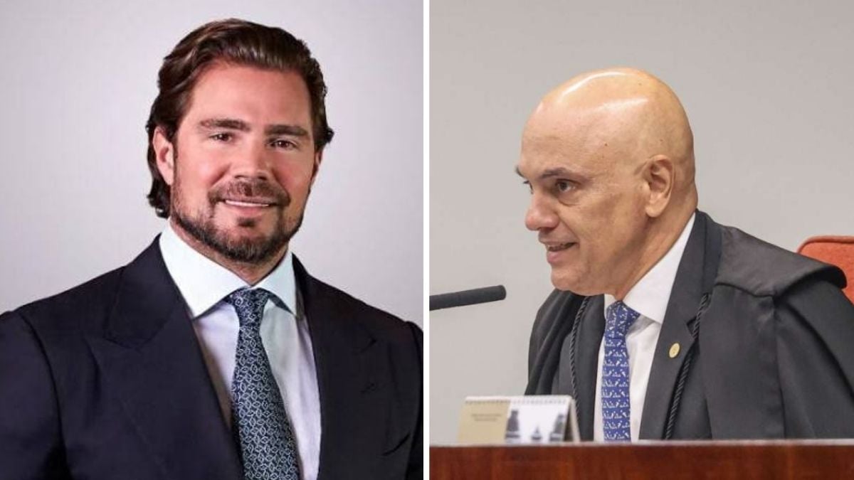 Vorcaro aparece em foto ao lado de Alexandre de Moraes, em imagem dividida: à esquerda um homem de terno sorrindo e à direita Moraes em um plenário, durante conversa sobre saída do Brasil.