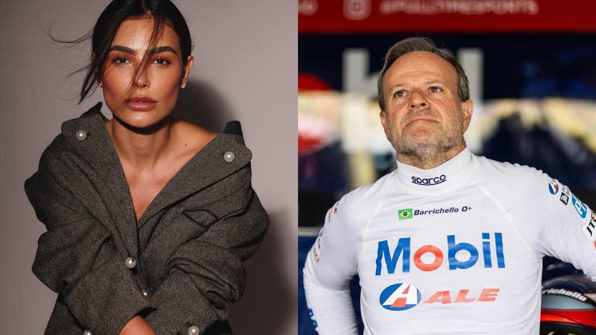 Imagem dividida em dois lados: à esquerda, Cíntia Chagas cabelo preso e vestido escuro com botões de pérola em um ambiente interno; à direita, Rubens Barrichello em uniforme branco com o logotipo Mobil e bandeiras de corridas ao fundo.