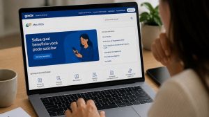 Pessoa usando notebook com o site “Meu INSS” aberto, com mensagem sobre proteção ao parar de contribuir para o INSS. Tela com serviços e simulação de benefícios.