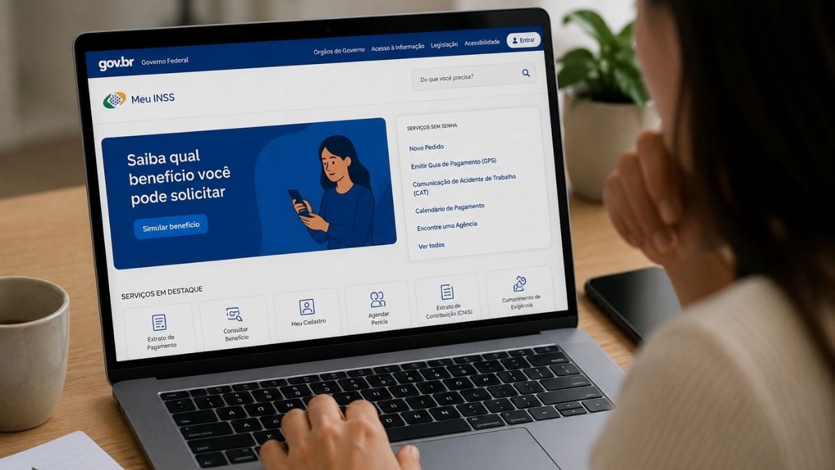 Pessoa usando notebook com o site “Meu INSS” aberto, com mensagem sobre proteção ao parar de contribuir para o INSS. Tela com serviços e simulação de benefícios.