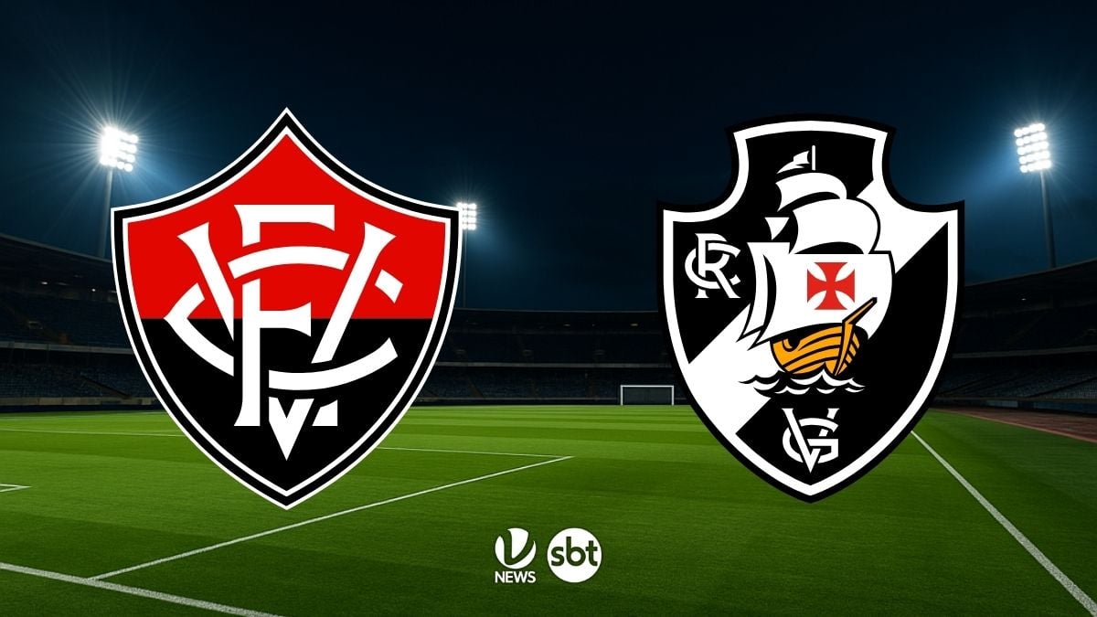 Onde assistir Vitória x Vasco: imagem com os escudos do Vitória e do Vasco em campo de futebol iluminado, com fundo de estádio e indicação de transmissão