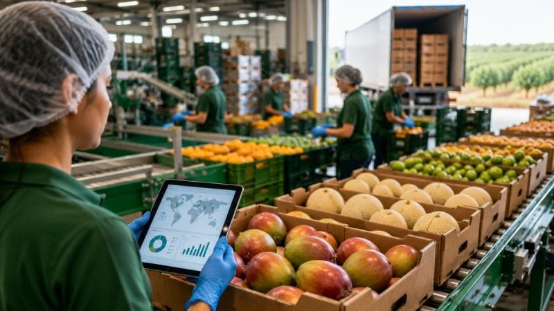 Trabalhador em packing de fruticultura brasileira usando tablet para registrar rastreabilidade enquanto produtos como frutas em caixas seguem na linha de exportação ao fundo.