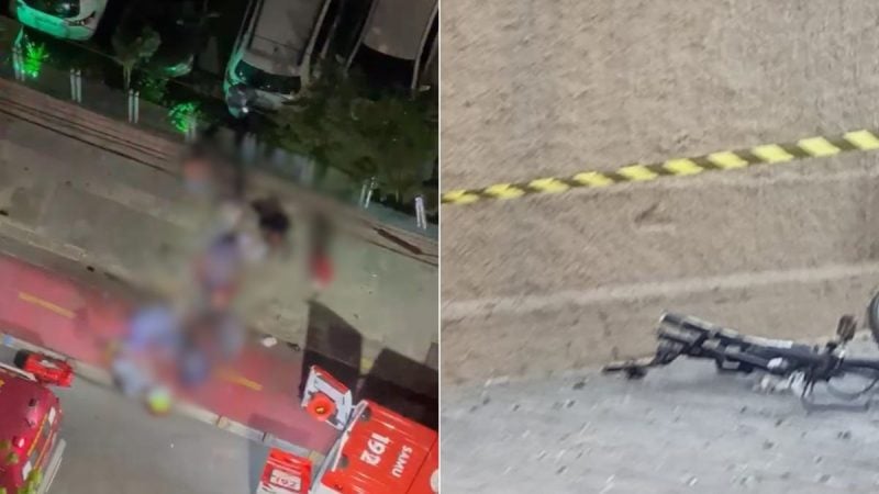 Ciclista atropelado: Imagens mostram um carro invadindo a ciclovia e um acidente com impacto contra a faixa, indicando o atropelamento de um ciclista em São Vicente. No cenário noturno, há veículos e cones de sinalização ao redor.