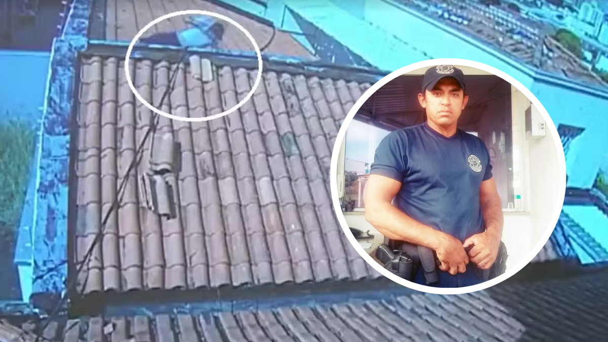 policiais condenados pela morte de guarda em Piracicaba: Imagem mostra telhado com telhas e recorte circular com um homem em uniforme, em contexto de PMs condenados por morte de guarda confundido com suspeito em Piracicaba.