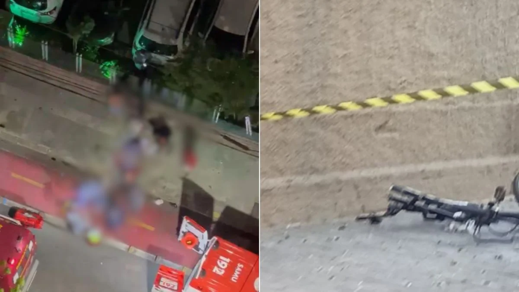 Ciclista atropelado em São Vicente: imagem mostra o resgate e veículos na via após um carro invadir a ciclovia, com equipe no local e testemunhos