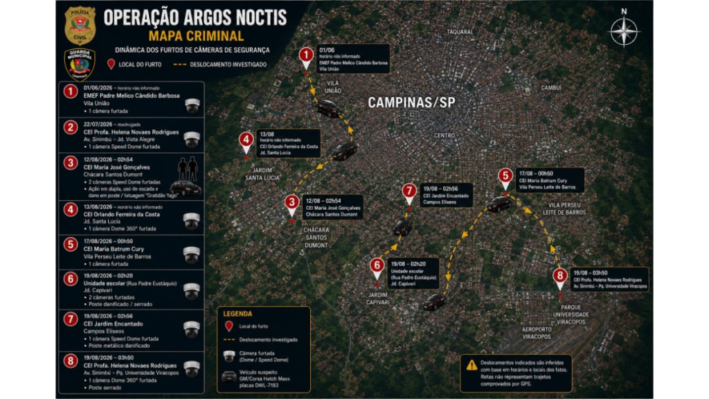 Mapa criminal da Operação Argos Noctis, com Campinas/SP, indicando locais e horários de furtos de câmeras em escolas de Campinas. Foto Polícia Civil/reprodução.