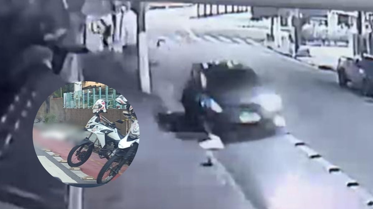 Ciclista atropelado em São Vicente: frame de vídeo de câmera de segurança em via urbana, com carro em alta velocidade atingindo o ciclista e motorista abandonando o veículo ao fundo.
