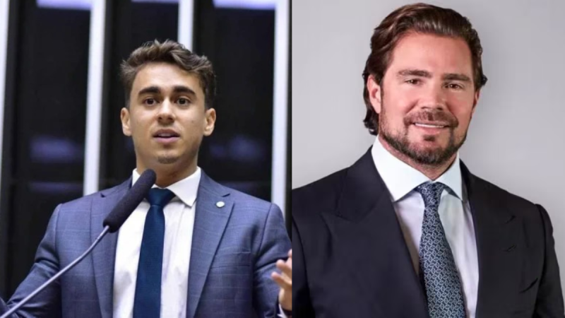 Nikolas Ferreira e Daniel Vorcaro: Colagem com dois homens em ambiente de entrevista: à esquerda, Nikolas Ferreira em discurso com microfone; à direita, Daniel Vorcaro em foto formal, sorridente. Contexto: áudio “Dani e lindão” com pedido de Nikolas Ferreira a Vorcaro.
