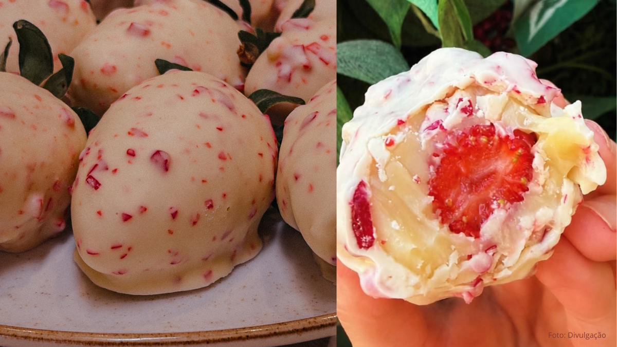 Morango cravejado em Campinas: close em morangos cobertos com chocolate branco e granulado vermelho, com uma versão recheada e decorada em confeitarias.