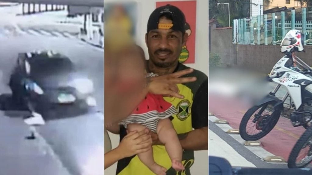 Ciclista morto em São Vicente: Três imagens em sequência mostram um carro em registro de câmera ao fundo, um suspeito identificado em foto segurando um bebê e uma bicicleta danificada na via, em São Vicente.