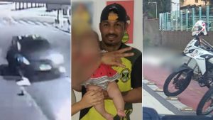 Ciclista morto em São Vicente: Três imagens em sequência mostram um carro em registro de câmera ao fundo, um suspeito identificado em foto segurando um bebê e uma bicicleta danificada na via, em São Vicente.
