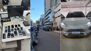 Fio Helmintos: Imagem em três partes mostra uma apreensão com celulares e dinheiro sobre uma mesa, uma rua com agentes e viaturas em frente a um prédio, e um carro com a frente em destaque.