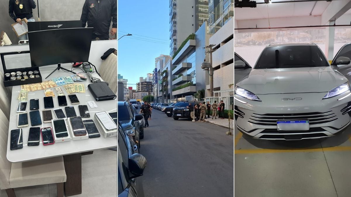 Fio Helmintos: Imagem em três partes mostra uma apreensão com celulares e dinheiro sobre uma mesa, uma rua com agentes e viaturas em frente a um prédio, e um carro com a frente em destaque.
