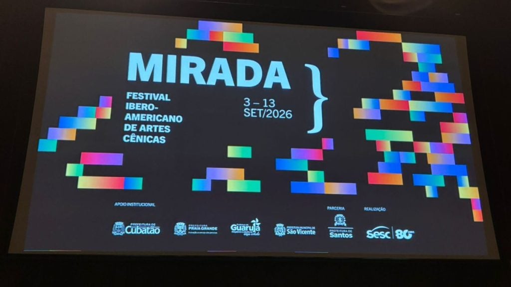 Cartaz do evento Mirada com arte digital colorida, divulgando a abertura da 8ª edição no Sesc Santos, com informações de datas de 3 a 13 de setembro de 2026.