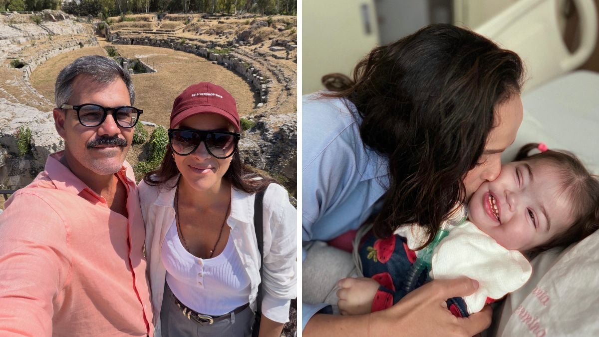 Juliano Cazarré e esposa em foto ao ar livre e, em outra cena, a mãe segurando a filha no colo com expressão de bebê, em contexto de atualização de saúde da criança internada na CTI.