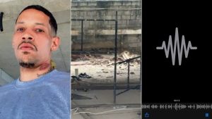 Trabalhador morre em obra de Santos: Imagem em collage com foto de um mestre de obras à esquerda e, ao lado, um canteiro de obras com concreto e andaimes, além de uma interface de áudio com indicador de som, relacionada a um caso em Santos após a morte de um trabalhador.