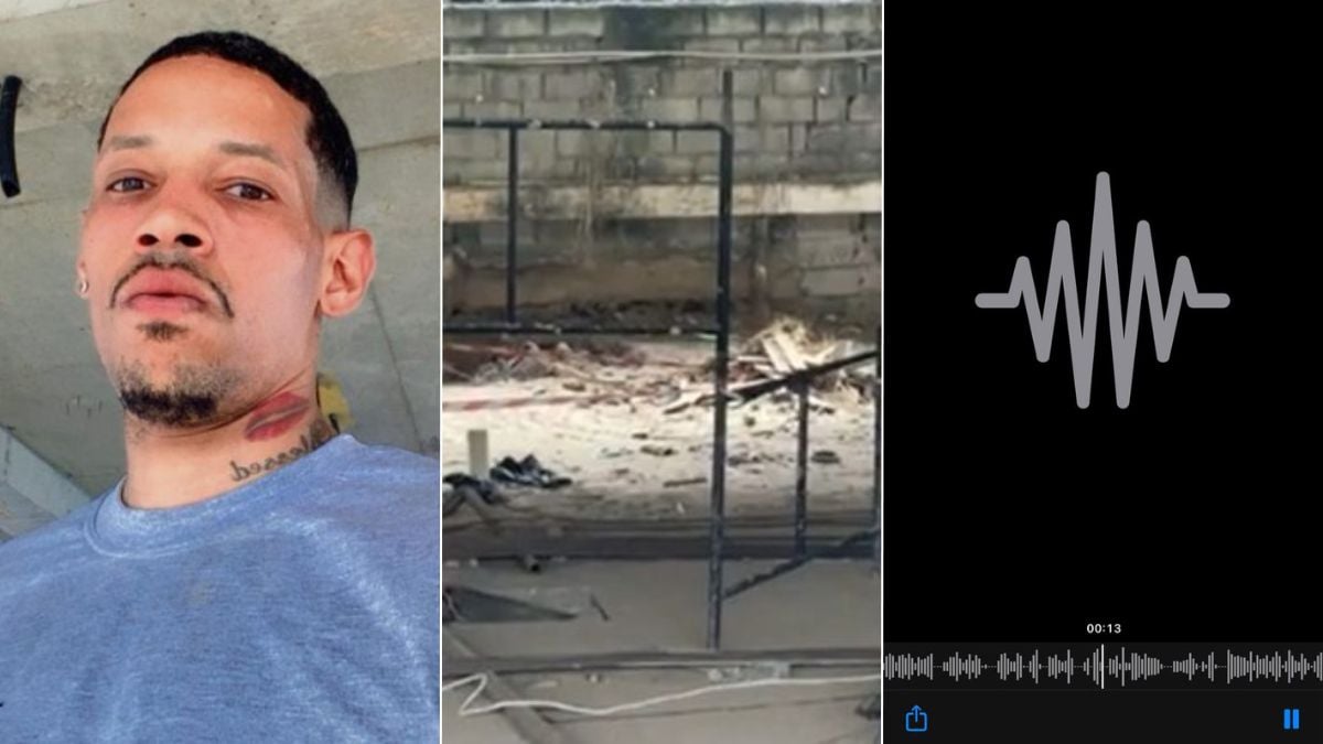 Trabalhador morre em obra de Santos: Imagem em collage com foto de um mestre de obras à esquerda e, ao lado, um canteiro de obras com concreto e andaimes, além de uma interface de áudio com indicador de som, relacionada a um caso em Santos após a morte de um trabalhador.