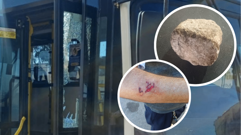 Imagem de ônibus com marcas de impacto e um detalhe ampliado mostrando pedra e ferimento no braço, em contexto de motorista de ônibus atingido por pedra em Campinas.