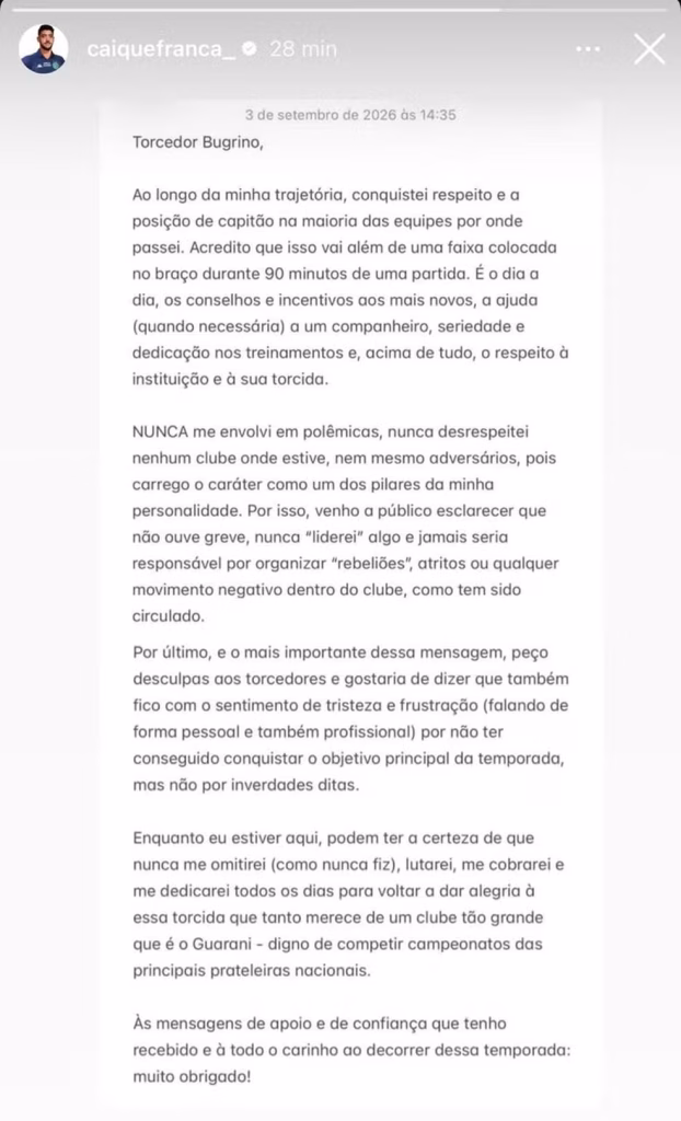 Caíque França desabafa após eliminação do Guarani / Foto: Reprodução / Redes Sociais