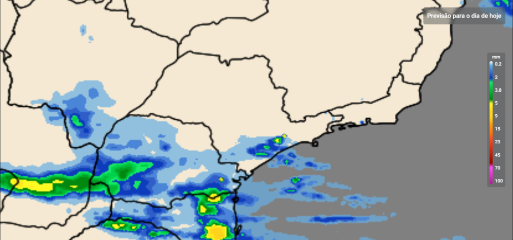 Mapa meteorológico do dia com previsão de precipitação, indicando áreas de chuva e intensidade por cores sobre o território do Brasil.