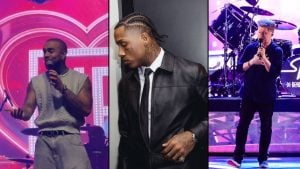 Montagem com Di Propósito, Kayblack e roupa nova: três cenas em palco e em estúdio, mostrando os artistas em apresentações e estilos diferentes com roupas recentes.