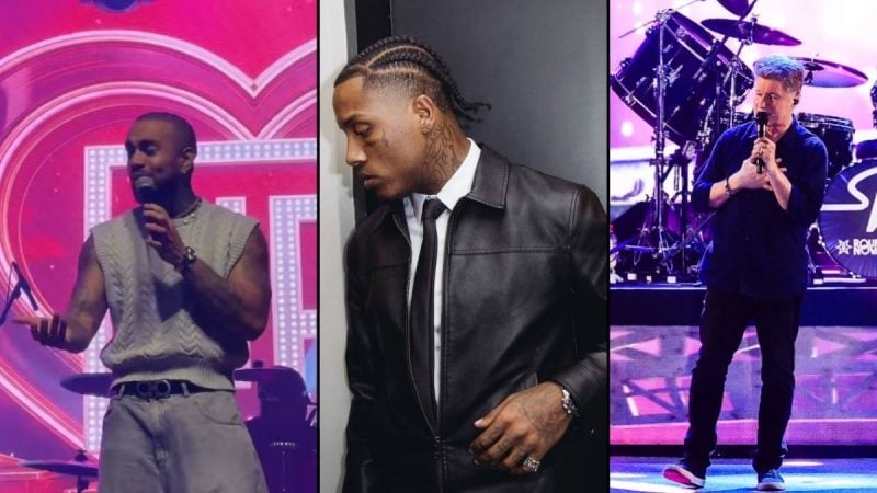 Montagem com Di Propósito, Kayblack e roupa nova: três cenas em palco e em estúdio, mostrando os artistas em apresentações e estilos diferentes com roupas recentes.