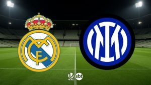 Real Madrid x Inter de Milão: imagem do campo de futebol com escudos dos times Real Madrid e Inter e logotipos SBT e VTV News na tela, anunciando a transmissão