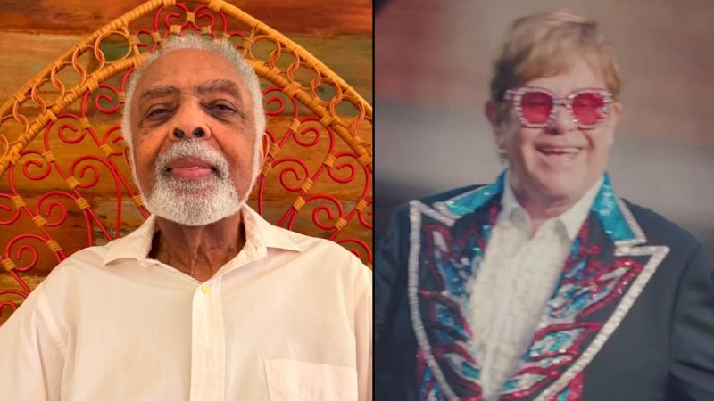 Á esquerda, Gilberto Gil em frente a um fundo decorativo colorido, e à direita, Elton John sorrindo com óculos e terno estampado.
