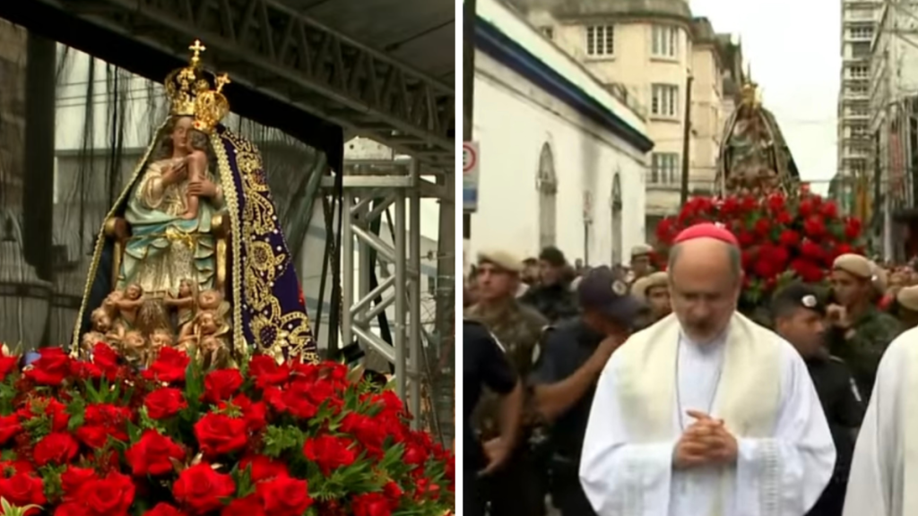 Imagem dividida: à esquerda, Nossa Senhora do Monte Serrat entronizada com flores vermelhas no altar; à direita, o Bispo Diocesano Dom Joaquim Giovani Mol Guimarães em procissão diante de multidão em ambiente urbano.