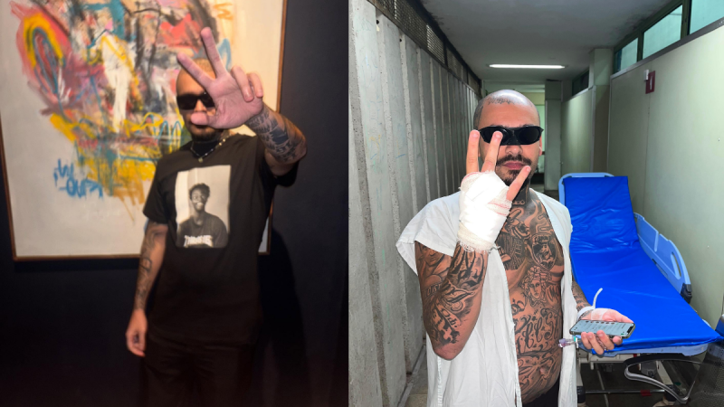 Duas fotos em um corredor: à esquerda, Lodk com tatuagens usando óculos escuros e fazendo gesto com a mão; à direita, Lodk estetoscópio/óculos de proteção e gaze cobrindo o rosto, em ambiente hospital com cadeiras azuis.