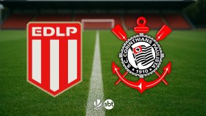 Estudiantes x Corinthians na Libertadores: escudos do Estudiantes (EDLP) e do Corinthians em destaque sobre campo de futebol com vinheta do SBT. Confira onde assistir, horário e escalações.
