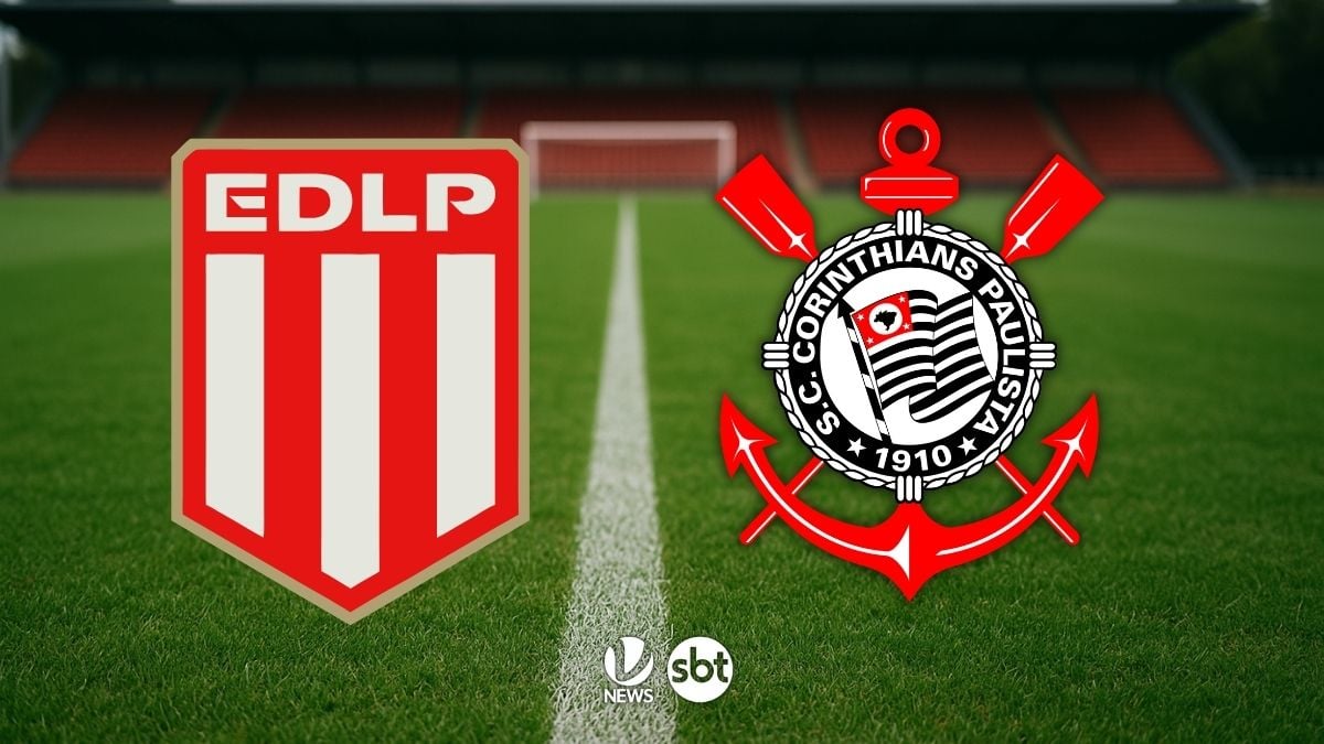 Estudiantes x Corinthians na Libertadores: escudos do Estudiantes (EDLP) e do Corinthians em destaque sobre campo de futebol com vinheta do SBT. Confira onde assistir, horário e escalações.