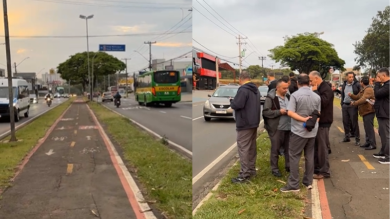 Duas imagens greve em Paulínia mostram um ônibus escolar trafegando em uma avenida movimentada ao entardecer e, em outra cena, pessoas reunidas na calçada e na via enquanto observam e conversam perto de veículos.
