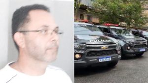 Imagem mostra um homem identificado como PM reformado em foto à esquerda, e à direita viaturas da Polícia na rua, com sirenes vermelhas, em contexto de investigação em São Vicente. Policial morto em São Vicente.