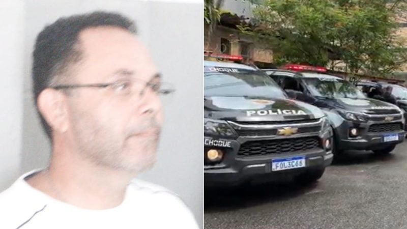 Imagem mostra um homem identificado como PM reformado em foto à esquerda, e à direita viaturas da Polícia na rua, com sirenes vermelhas, em contexto de investigação em São Vicente. Policial morto em São Vicente.