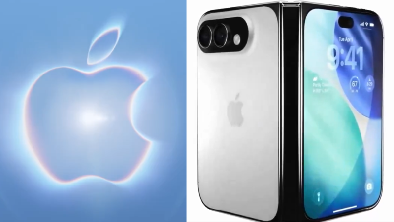 Renderização 3D de um suposto modelo de iPhone dobrável prateado ao lado do logo brilhante da Apple.