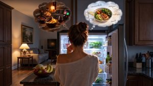 Pessoa observando alimentos na geladeira em uma cozinha à noite, com elementos visuais ao redor sugerindo o fuso horário do seu prato e o tema “hora de comer” e efeitos no corpo.