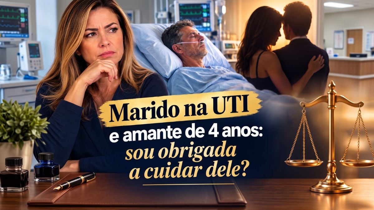 esposa é obrigada a cuidar do marido doente: Mulher preocupada em ambiente hospitalar ao lado de um paciente na UTI, com texto na imagem “Marido na UTI e amante de 4 anos: sou obrigada a cuidar dele?” e elementos de balança da justiça, sugerindo dilema e culpa.