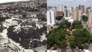 Comparação de fotos aéreas em preto e branco e colorida de Limeira, com prédios altos, ruas e grandes áreas verdes em meio à urbanização.