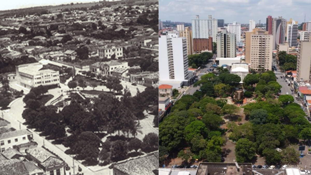 Comparação de fotos aéreas em preto e branco e colorida de Limeira, com prédios altos, ruas e grandes áreas verdes em meio à urbanização.