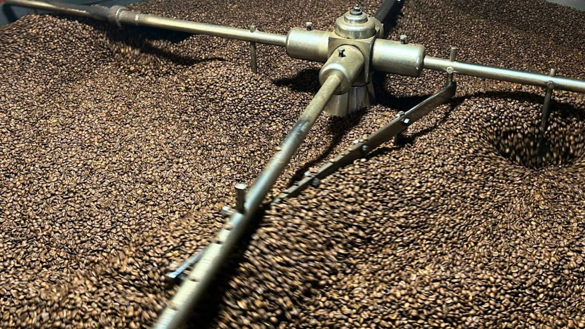 Moagem e torrefação de grãos de café em pequenas torrefações, com maquinário espalhando e mexendo o café torrado em uma linha de produção, destaque para o setor de café no país