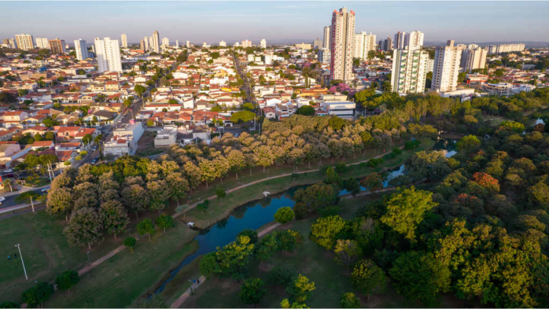 Vista aérea de Indaiatuba, cidade em São Paulo, com áreas urbanas e parque às margens de rio, destacando o bem-estar e negócios no Ranking de Competitividade dos Municípios.